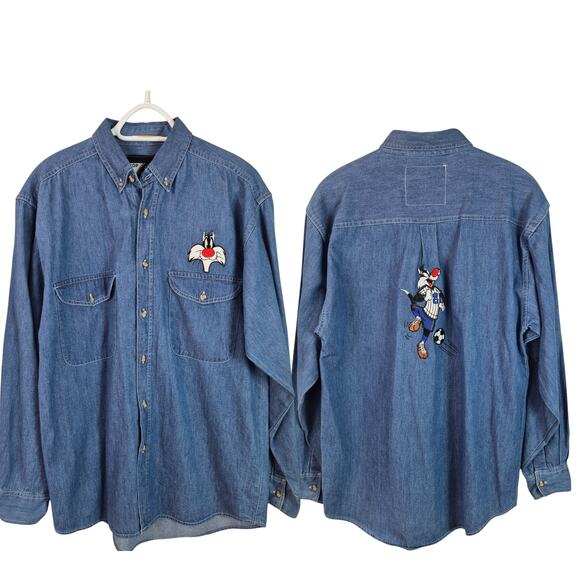 Looney Tunes Sylvester the Cat Soccer Theme Vintage Embroidered Blue Shirt XL - Picture 1 of 4